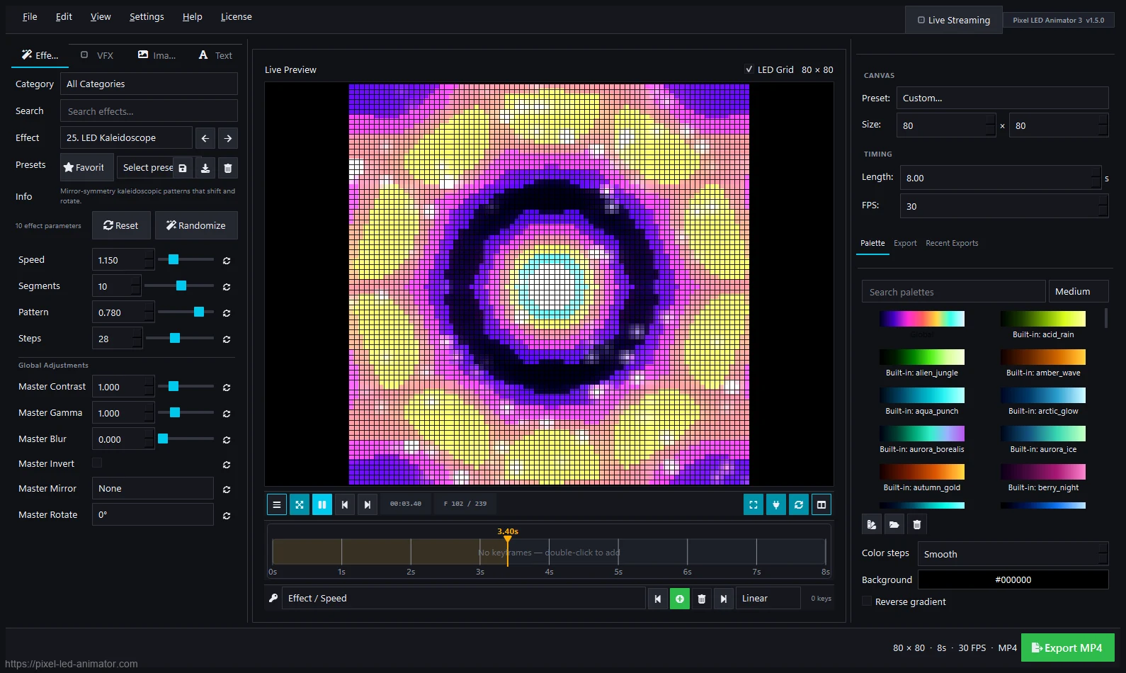 Kaleidoscope LED effect in the style of classic matrix software