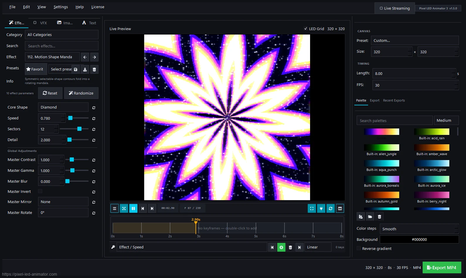 Pixel LED effect generator producing colorful animations
