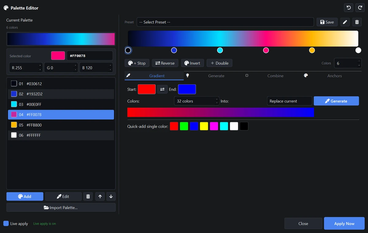 Palette editor dialog with a cyan-pink-gold gradient