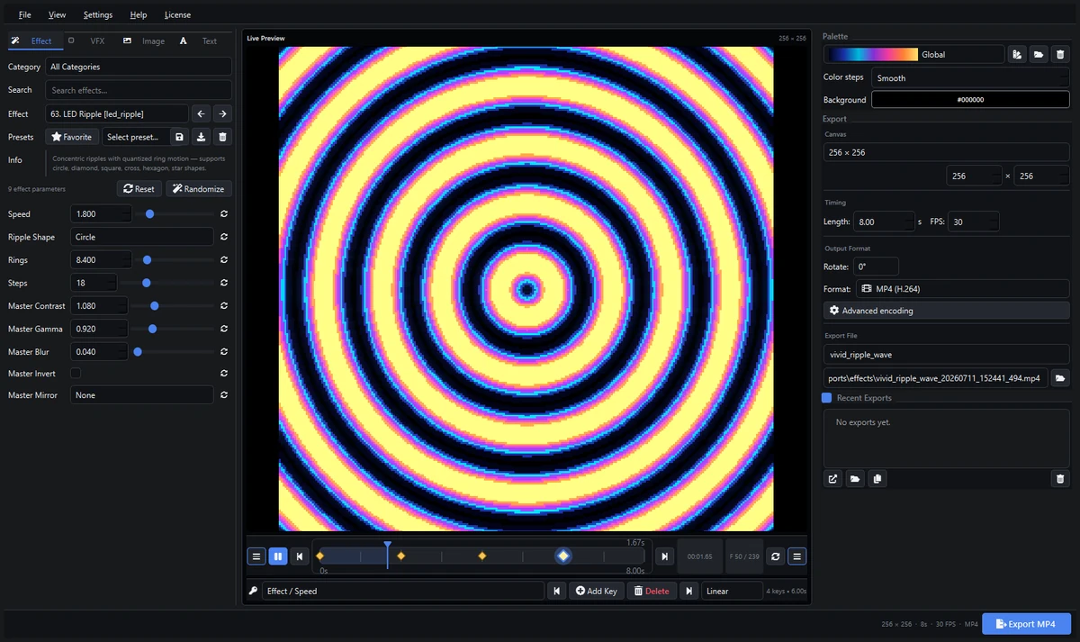Vivid concentric ripple effect in the Pixel LED Animator 3 workspace