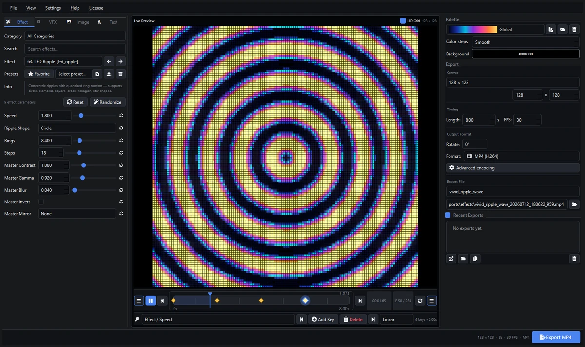 Vivid concentric ripple effect in the Pixel LED Animator 3 workspace